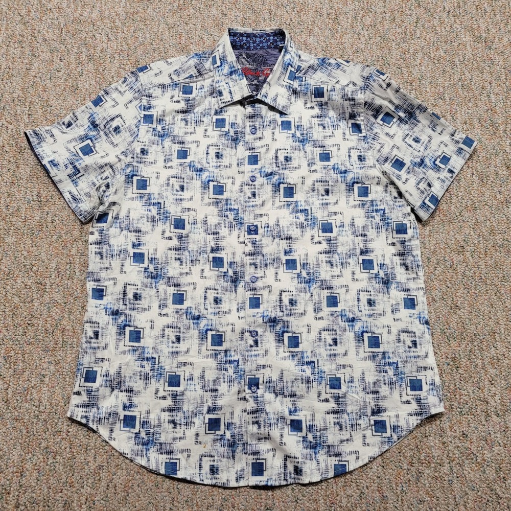 Robert Graham Shirt Mens XL Blue Geometric Short Sleeve Classic Fit Cotton